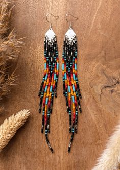 La Flesche | Black Native Beaded Earrings | Moon & Milk Indigenous Earrings, Native American Beadwork Earrings, Native Beaded Earrings, Bead Jewelry Patterns, Seed Beaded Earrings, Moon Milk, Long Beaded Earrings, Seed Bead Jewelry Patterns, Earrings Moon