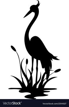 a black and white silhouette of a crane standing in water with reeds on it's side