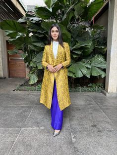 in our handwoven silk brocade overcoat + neoprene tank top and handwoven silk trousers Suit Design For Wedding, Payal Khandwala, डिजाइनर कपड़े, Glam Team, Mrunal Thakur, Women Dress Collection, Indian Designer Suits, Kurta Design, Traditional Indian Outfits