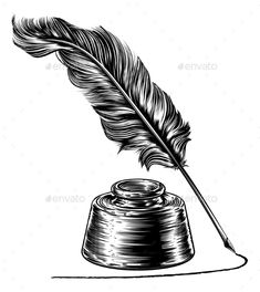 a feather quill and inkwell on a white background - miscellaneous objects / objects illustrations