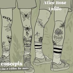 three legs with tattoos on them and the words alice rose tattoo written in different languages