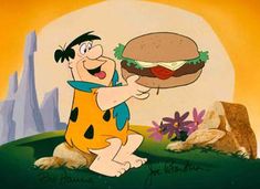 a cartoon character holding a large hamburger in front of him