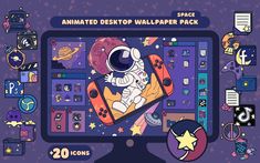 an animated desktop wallpaper pack with space and astronaut characters on the screen, surrounded by other items