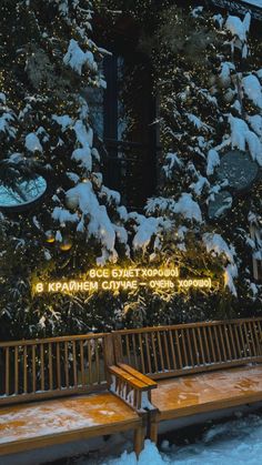 two wooden benches sitting in front of a building covered in snow and lit up with christmas lights