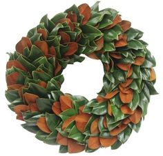 a green and orange wreath with leaves