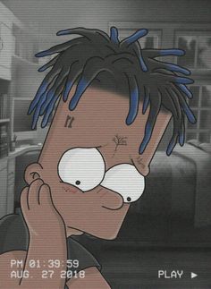 a cartoon character with blue hair and white eyes looking at the camera while holding his hand to his face