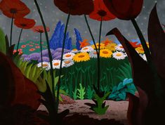 an image of a painting with flowers in the foreground and butterflies in the background