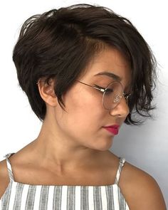 Short Asymmetrical Haircut, Woman With Glasses, Brunette Pixie, Asymmetrical Haircut, Longer Pixie Haircut, Long Pixie Hairstyles, Hair Magic, Fine Straight Hair, Pixie Bob Haircut