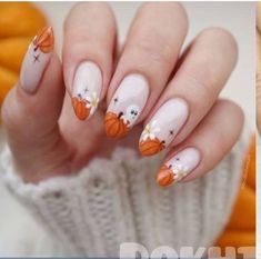 Nailart Tutorial, Halloween Press On Nails, Cute Halloween Nails, Pumpkin Nails, October Nails, Almond Acrylic Nails