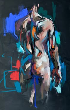 an abstract painting of a naked man with blue and red paint strokes on his body