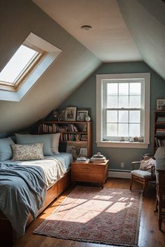 an attic bedroom with a bed, desk and bookshelf in the corner is shown