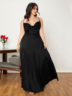 Black Glamorous  Sleeveless Satin Plain Cami Embellished Medium Stretch All Plus Size Dresses Black Homecoming Dress Long Plus Size, Silk Plus Size Dress, Black Prom Dress Midsize, Prom Curvy Dress, Black Prom Dresses Plus Size, Formal Dresses Australia Plus Size, Black Formal Dresses Plus Size, Black Formal Dress Plus Size, Curvy Formal Dress