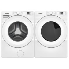 two white washers side by side with the front door open and the top half closed