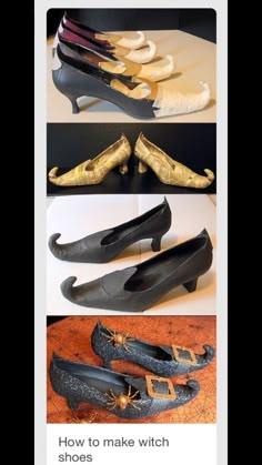 four different types of shoes with gold and black details on them, including one in the middle