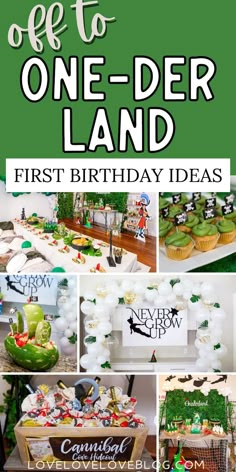 Collage of off to onederland first birthday ideas. Never Grow Up 1st Birthday Party, Never Grow Up First Birthday, August First Birthday Boy, Boys First Birthday Party Ideas Summer, Nature Theme First Birthday, First Birthday Unique Themes, Unique First Birthday, Unique First Birthday Themes Boys