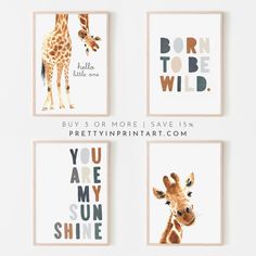 three giraffes are hanging on the wall in four different styles and colors