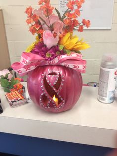 Pumpkin for breast cancer awareness Pink Week, Event Tables, Pumpkin Carving Designs, Football Tailgate, Pink October, Pumpkin Ideas