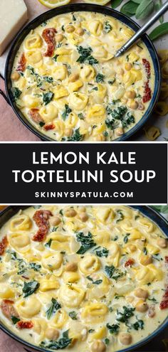 lemon kale tortellini soup in a skillet