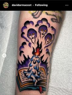 an open book with monsters coming out of it on someone's arm that is covered in ink