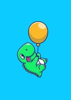 a green dinosaur flying with a yellow balloon