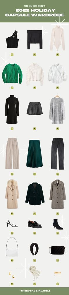 The Everygirl's 2022 Holiday Capsule Wardrobe | The Everygirl Mini Capsule Wardrobe, Capsule Wardrobe 2022, Holiday Capsule Wardrobe, Work Holiday Party, Dress Booties, Winter Break, Create Outfits