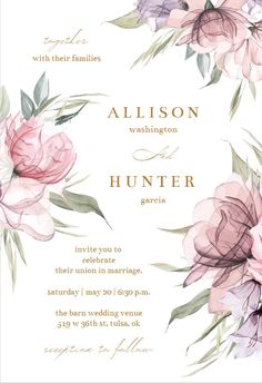 a wedding card with watercolor flowers on it