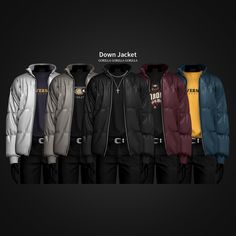 a row of different colored jackets with the words down jacket on them in black and white