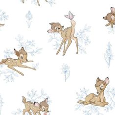 deers and flowers on a white background with blue leaves in the foreground, as well as an illustration of two fawns