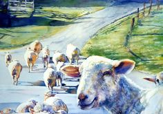 a painting of sheep and lambs walking down a country road in the sun,