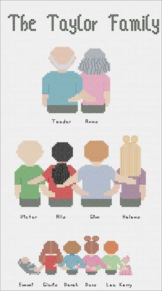 the family cross stitch pattern is shown in different colors and sizes, including two people with their hands on each other's shoulders