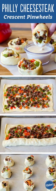 the process for making philly cheesesteak crescent pinwheels is shown here