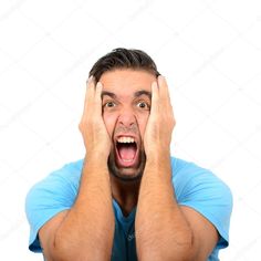 a man holding his hands up to his face with an open mouth on a white background