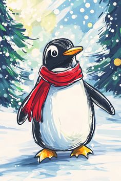 Penguin Paintings, Drawing Cartoon Characters Sketches, Penguin Design, Christmas Card Art, Embroidery Stitch, Winter Painting, Art Embroidery, Christmas Drawing