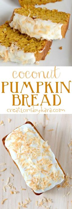 pumpkin bread with cream cheese frosting and toasted coconut on top, sitting on a white plate