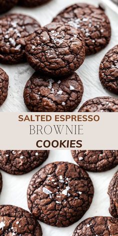 salted espresso brownie cookies on a baking sheet with text overlay