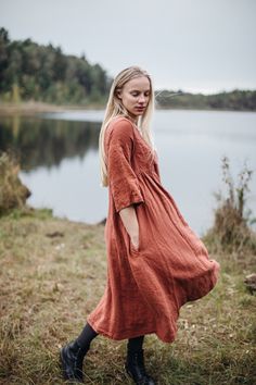 Handmade linen loose dress with bell sleeves. Flowing, soft, lovely: it is a dress you wear on warm afternoons on the seaside or Sunday strolls in the park. Made from soft linen it feels extremely smooth and pleasant on the skin. * Handmade from 100% natural washed and soft heavyweight OEKO-TEX certified linen * Washed and soft lightweight linen (160g). * Clothes made of linen are perfect to wear in different conditions: in hot weather, it cools and in cold weather, it warms. * You can also laye Long Simple Dress, Summer Linen Shirt, Linen Loose Dress, Linen Dress Women, Linen Shirt Dress, Summer Linen, Natural Fabric, Organic Linens, Bell Sleeve Dress