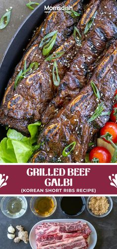 grilled beef garnished with herbs and tomatoes in a skillet on a table