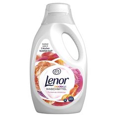 a bottle of lemon dishwasher deterant on a white background with the word leno printed on it