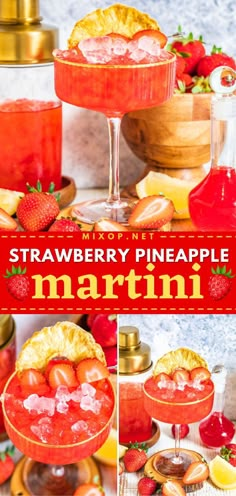 Everyone will love this Strawberry Pineapple Martini! This alcoholic drink recipe is easy to prepare. With its beautiful color and refreshing tropical flavor, this gin martini cocktail will be the highlight of your party! Save this fun cocktail recipe! Strawberry Pineapple Cocktail, Frozen Martini Recipes, Martini Recipes Fruity, Minnie Mouse Cocktail, Yummy Martini Recipes, Easy Fruity Alcohol Drinks Simple Cocktail Recipes, Fruity Alcohol Drinks Easy, Fruity Martini Recipes, Fun Martini Recipes