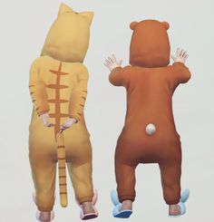 two people in animal onesuits standing next to each other with their arms outstretched