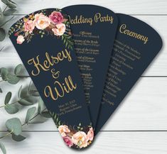 wedding program fan with flowers and greenery