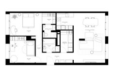 the floor plan for an apartment with two beds and one living room, which is divided into