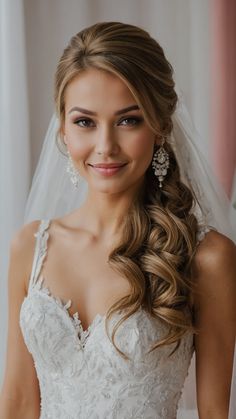 a woman in a wedding dress with a veil on her head and braided hair