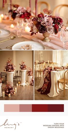 the table is set with flowers and candles for an elegant wedding reception in burgundy tones