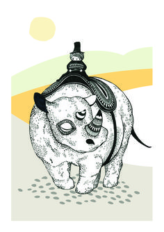 a drawing of a cat with a hat on it's head, standing in front of a yellow and white striped background