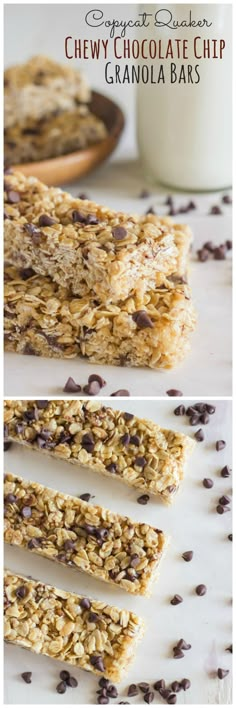 chocolate chip granola bars are stacked on top of each other and ready to be eaten