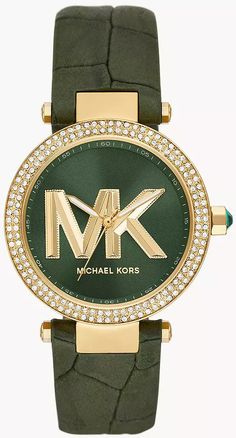 Michael Kors Watch Parker Ladies MK4724 Watch | Jura Watches Watches Women Michael Kors, Gold Face, Analog Watch, Green Suede, Green Leather