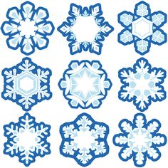 six snowflakes are shown in blue and white