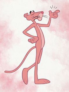 a pink cartoon character pointing at something