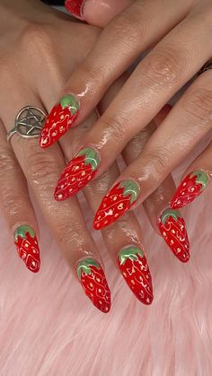 #strawberrynails #3dart #3dnails #strawberry #summer #summerstyle #summernails #almondshapenails Nails Design Strawberry, Strawberry Gel X Nails, Colorful 3d Nails, Strawberry Inspired Nails, Tiny Nail Art, Strawberry Lemonade Nails, Strawberry French Tip Nails, 3d Strawberry Nails, Strawberry Gel Nails